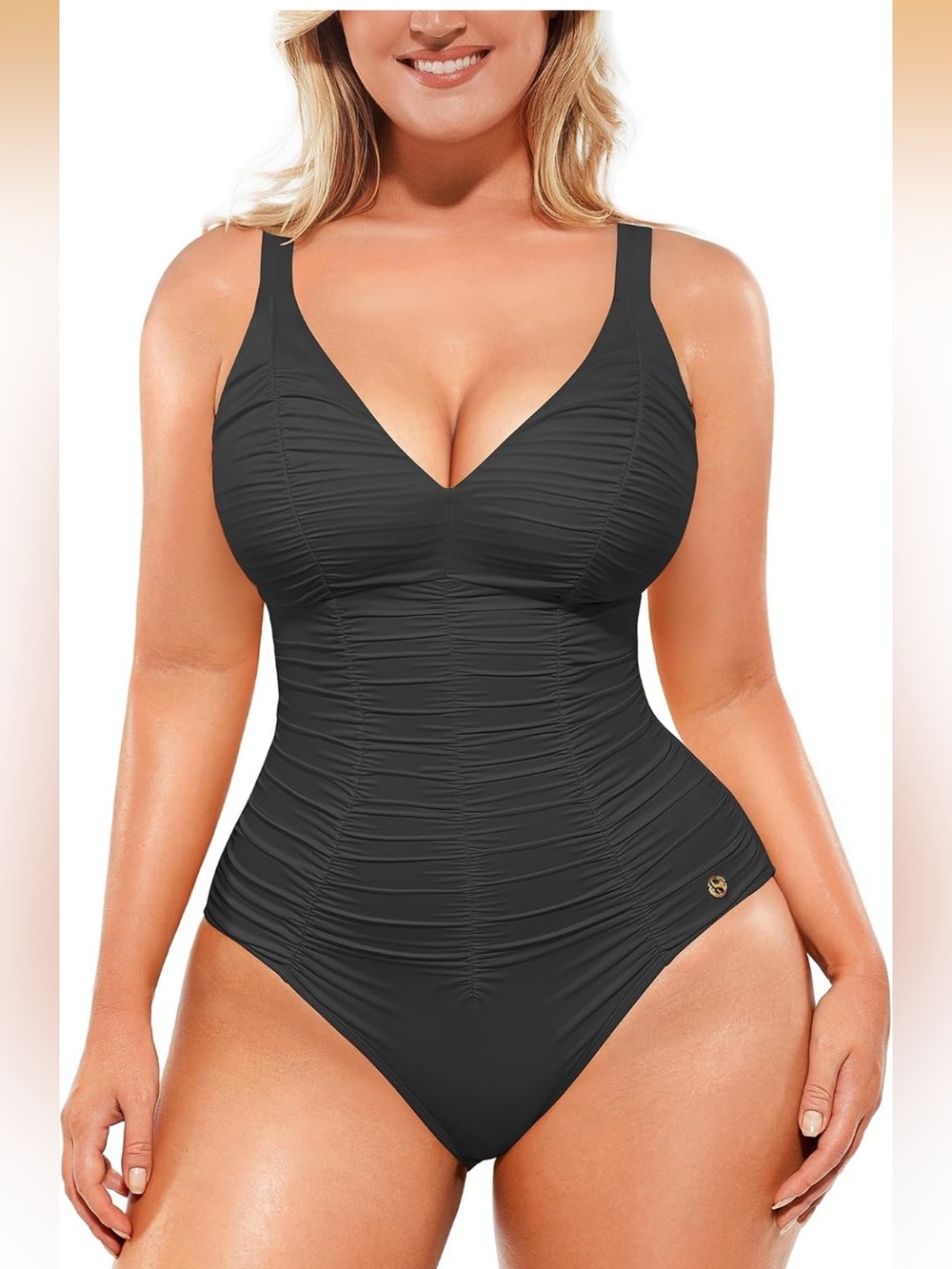 Black Tummy Control One-Piece Swimsuit NWT 3X – Ruched Slimming Lace-Up Back